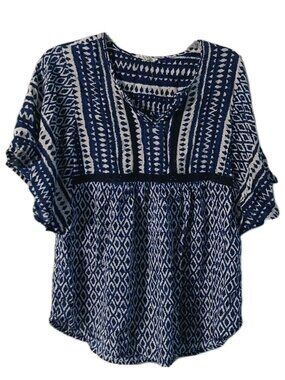 BLL Womens Shirt Size Large Blue White Flutter Blouse